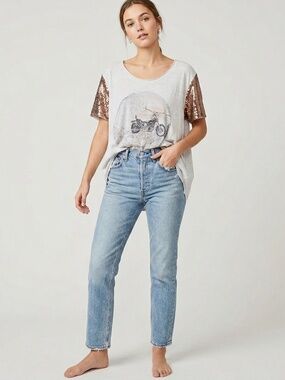 FP WTF | Biker Graphic Tee Short Sequin Sleeves Lightweight Burnout VSCO Shirt
